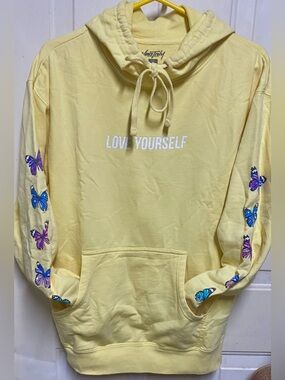 Yours Truly “Love Yourself” Butterfly Hoodie Yellow Pullover Sweatshirt Medium